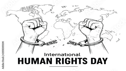 Cuadro en lienzo Human Rights Day concept depicts two clenched fists breaking iron shackles in front of a world map