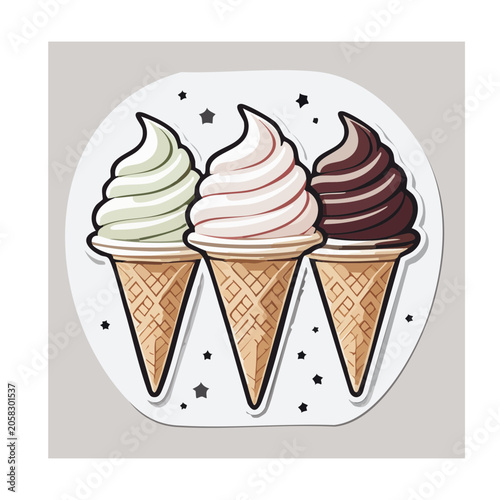 Three Soft Serve Ice Cream Cones in Flat Design