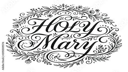 Canvas-taulu Holy Mary is written in elegant cursive calligraphy surrounded by a detailed botanical frame of leaves and flowers