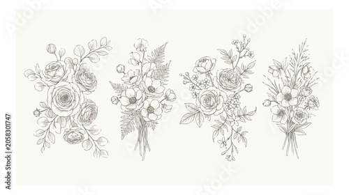 Tableau sur toile Vintage hand drawn floral bouquets, set of 4 botanical line art illustrations, e