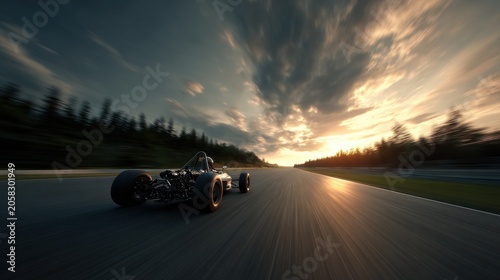 High speed formula race car speeding on asphalt track at sunset with motion blur