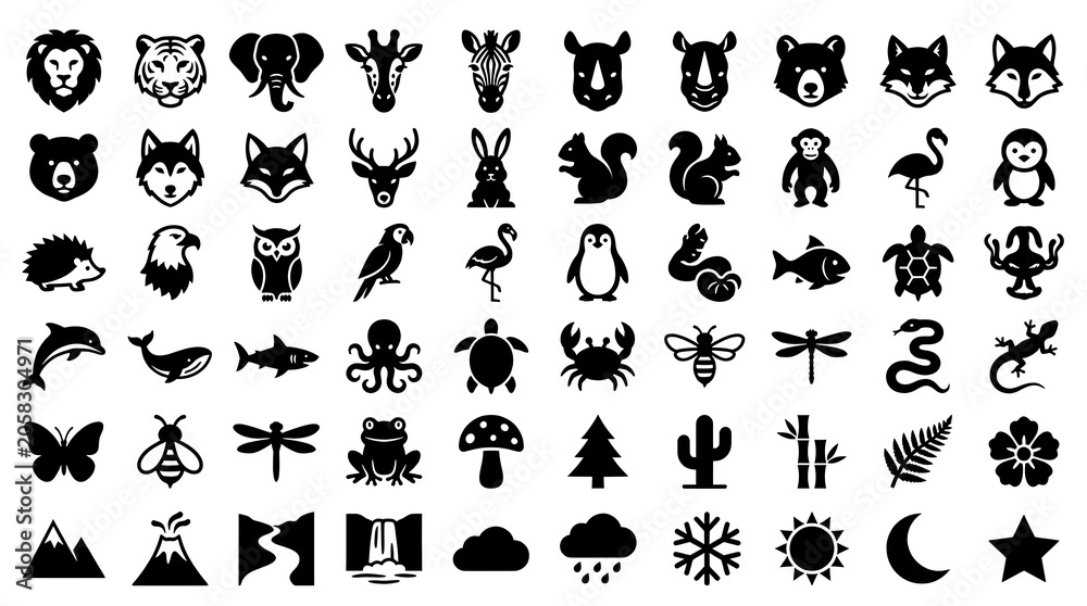 Obraz premium Collection of wildlife icons featuring various animal silhouettes