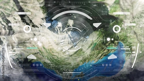 HUD aerial view science fiction landscape flying over mountain with UI scanning interface military weapon concept 4K motion.