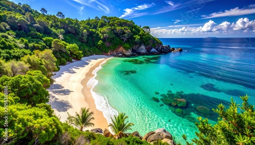 A serene tropical beach nestled among green hills and crystal-clear turquoise waters