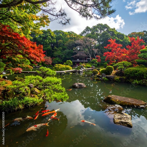 A serene pond surrounded by vibrant autumn foliage and lush greenery under a blue sky with white clouds
