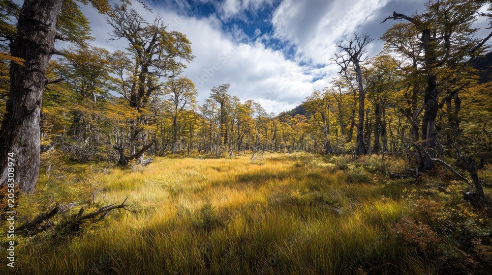 Fototapeta premium Autumn landscape in Chilean Patagonia featuring southern beech forest