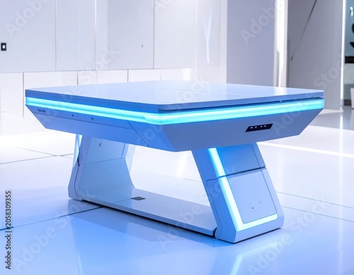 Futuristic, luminous white table with integrated lights in a modern space