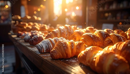 A warmly lit display of assorted croissants on a wooden counter