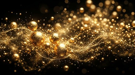 Golden Sparkle Bokeh Spheres with Fairy Lights on Black Background