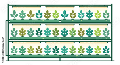 Modern vertical farming system with plants under LED lights
