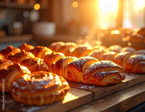 A warmly lit display of assorted pastries on wooden boards