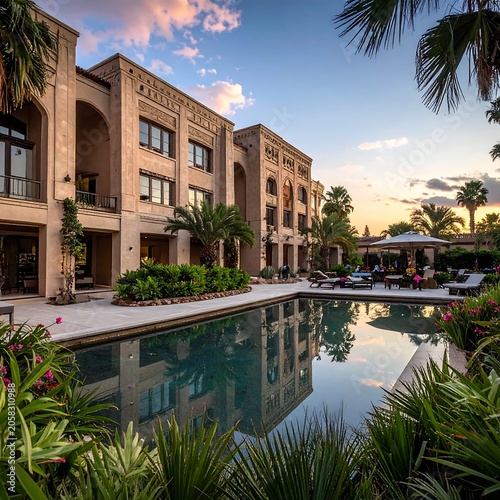 A serene resort complex with a large pool surrounded by lush greenery and palm trees