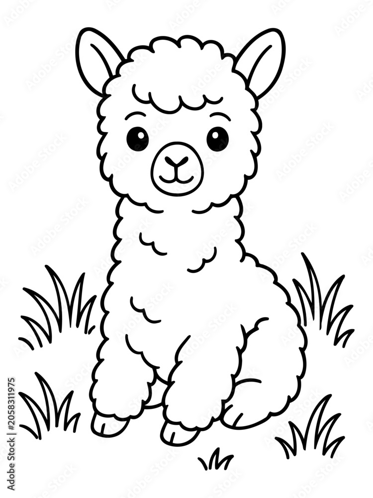 Fototapeta premium Cute Alpaca Drawing: A charming, fluffy alpaca is depicted in a simple line drawing, sitting on a patch of grass. This illustration is perfect for children's books or any project needing a sweet.