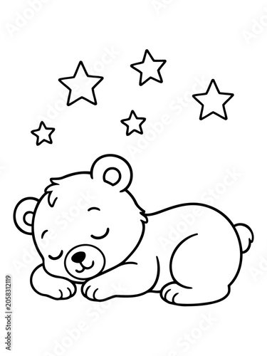 Sleeping Bear Under Stars: A charming illustration of a cute bear cub sleeping peacefully with its eyes closed, surrounded by twinkling stars. Perfect for children's books and bedtime stories.