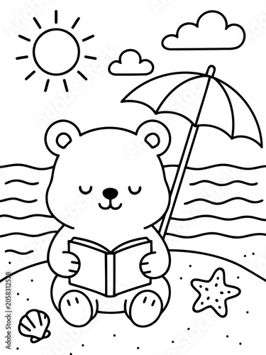 Bear Reading at the Beach: A charming illustration of a contented bear sitting on a sandy beach, reading a book under a beach umbrella with the sun and ocean in the background.