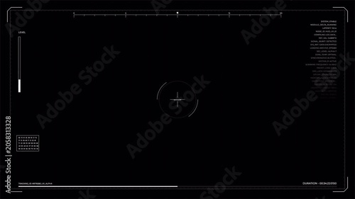 Futuristic cyber HUD interface overlay with data readouts and crosshair, digital technology display 4k video