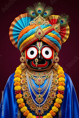 Majestic portrait featuring a colorful turban and gold necklaces draped over blue fabric honoring the sacred ratha yatra and beautiful jagannath ratha yatra puja festival