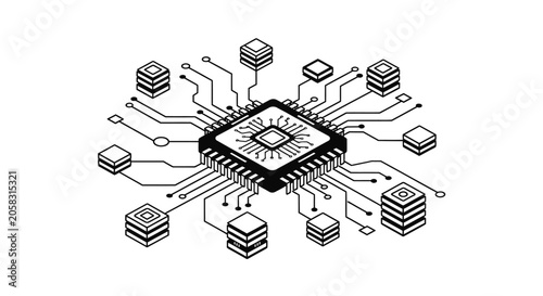 Fotografía A black and white illustration of a microchip with various connections