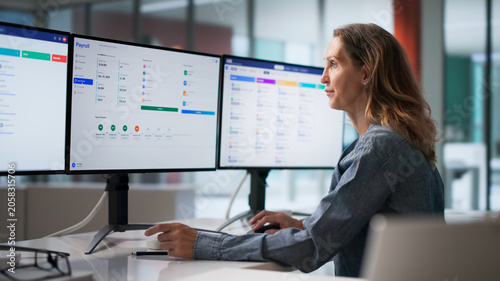 Photos Mature Woman Using Computer Screens To Process Payroll