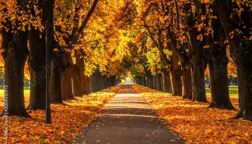 A serene walkway lined with trees displaying vibrant autumn foliage