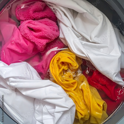 A washing machine drum with multicolored clothes