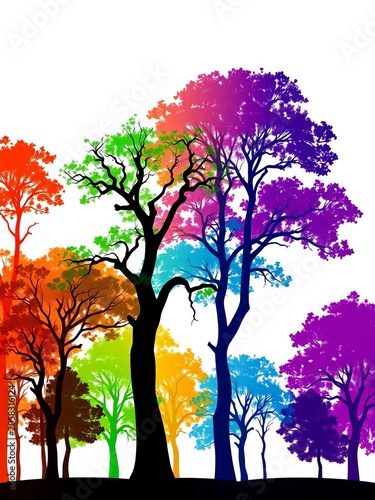 Vibrant tree silhouettes on white background, featuring diverse shapes and colors, nature, creative
