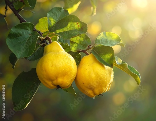 A close-up photo of two vibrant yellow fruits hanging from a tree branch surrounded by green leaves, with sunlight shining through