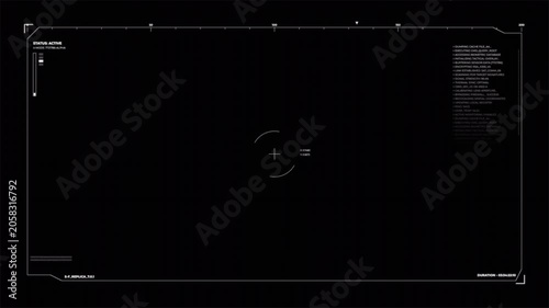 Futuristic cyber HUD interface with digital status data and crosshair, high-tech motion graphic 4k video