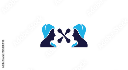 Картината върху платно Female profile silhouettes with central network node icon.
