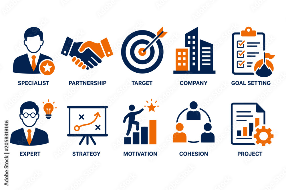 Fototapeta premium Icons representing corporate business concepts are arranged in a grid to illustrate professional development, leadership, and strategic goal setting.