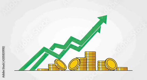 Financial profit line graph with green arrow and coins