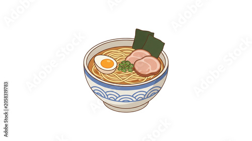 Delicious bowl of ramen noodles with egg and meat.