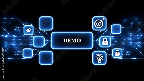 Digital Demo concept animated with glowing icons representing finance and security. 4k technology ,animation video..