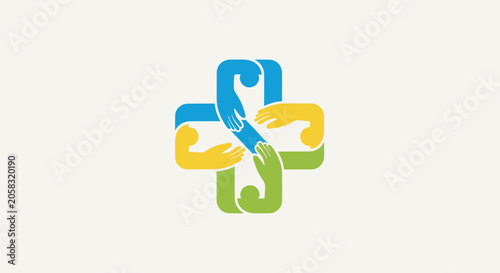 Four hands joined in a colorful cross symbol.