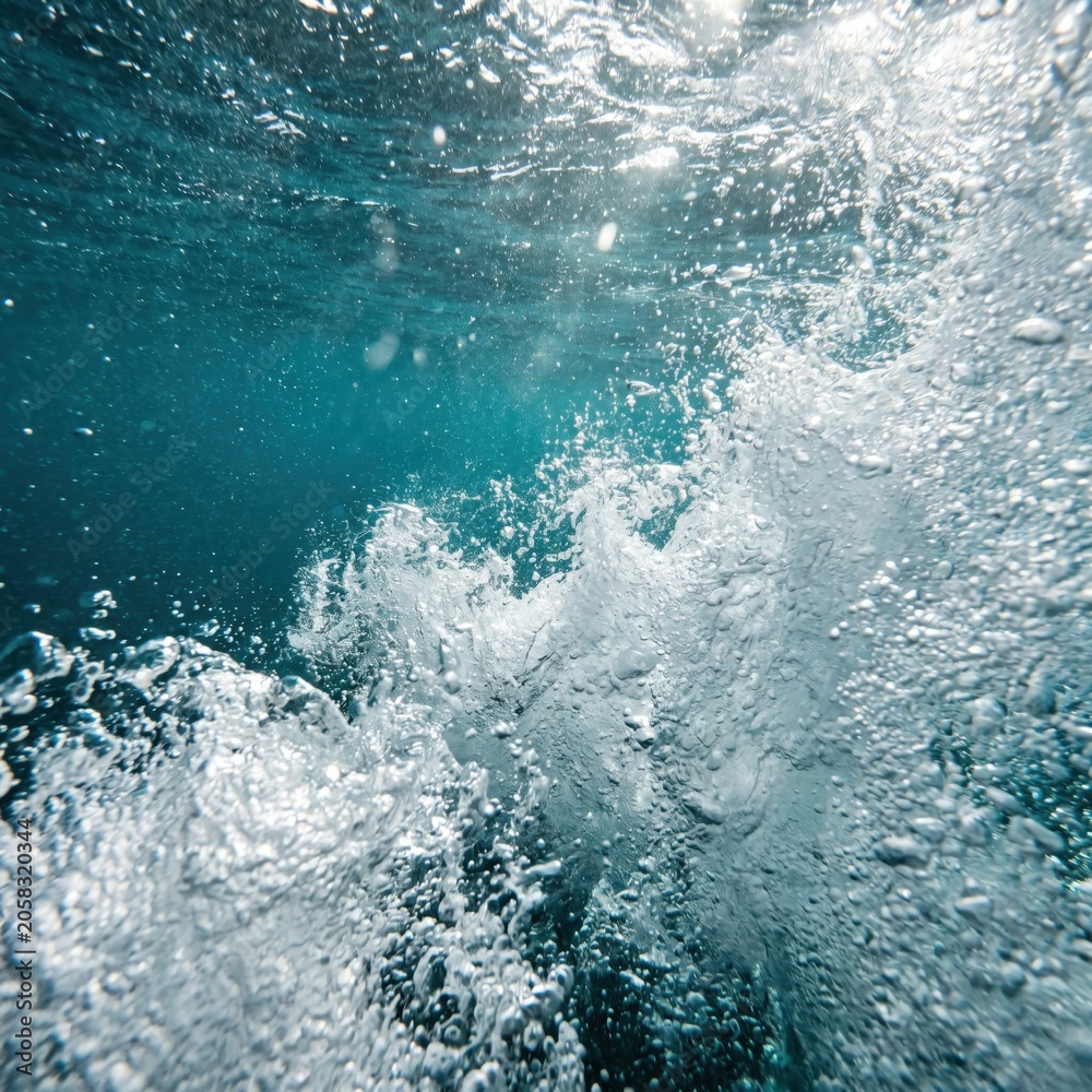 Obraz premium Underwater view of turbulent ocean waves with bubbles and sunlight rays
