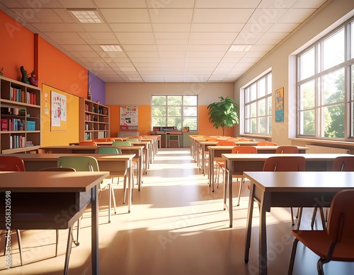 A well-lit classroom with rows of desks and chairs (25)