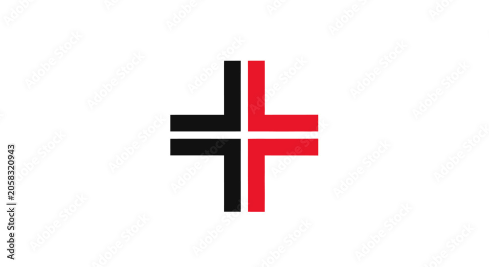 Fototapeta premium Geometric black and red cross symbol.