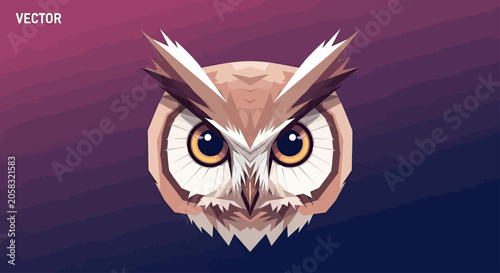Geometric brown owl head on purple background.