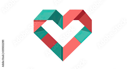 Geometric heart ribbon logo in coral and teal colors.
