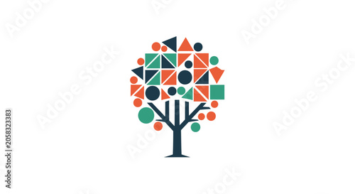 Geometric tree icon with colorful abstract shapes.
