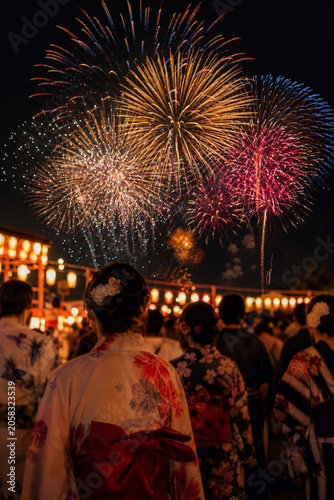 Japanese summer fireworks festival yukata night sky