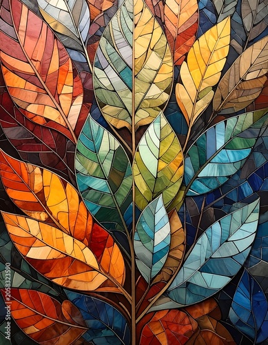 A stained-glass artwork depicting a vibrant, multicolored leaf arrangement