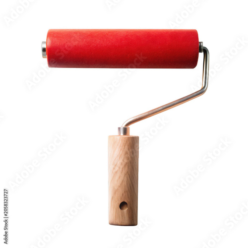 Red rubber brayer roller tool for printmaking isolated on transparent background