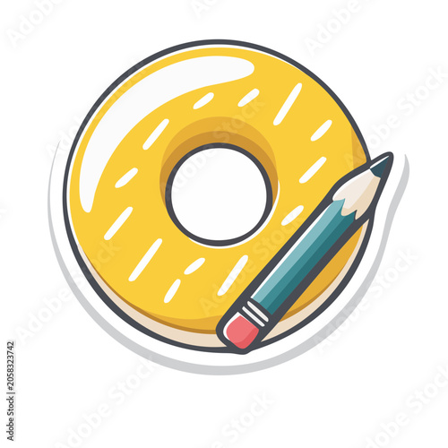 Yellow Donut and Pencil Flat Illustration