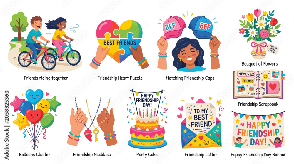 Fototapeta premium Colorful Friendship Day Illustration Set with Happy Friends, Heart Puzzle, Cake, Balloons, and Gift Cards