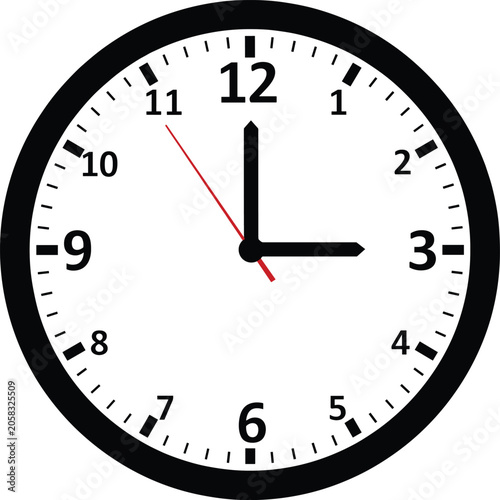 Valokuva Classic analog clock face displaying exactly three o'clock, time management deadline concept with red second hand vector icon