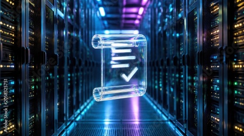 Digital scroll with checkmark in server room, representing data compliance and cybersecurity.