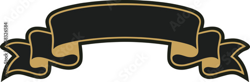 Curved black ribbon banner with gold trim. Curved black ribbon banner featuring a gold border outline