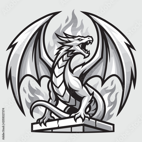 Dragon with Wings Sitting on Pedestal Moon Circle Fantasy Vector Illustration