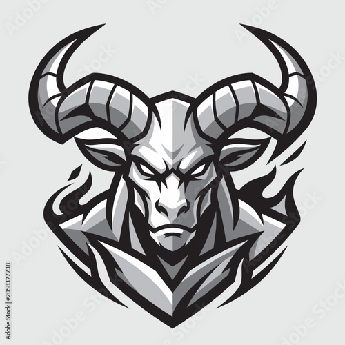 Demon Bull with Horns and Flames Dark Fantasy Badge Vector Illustration